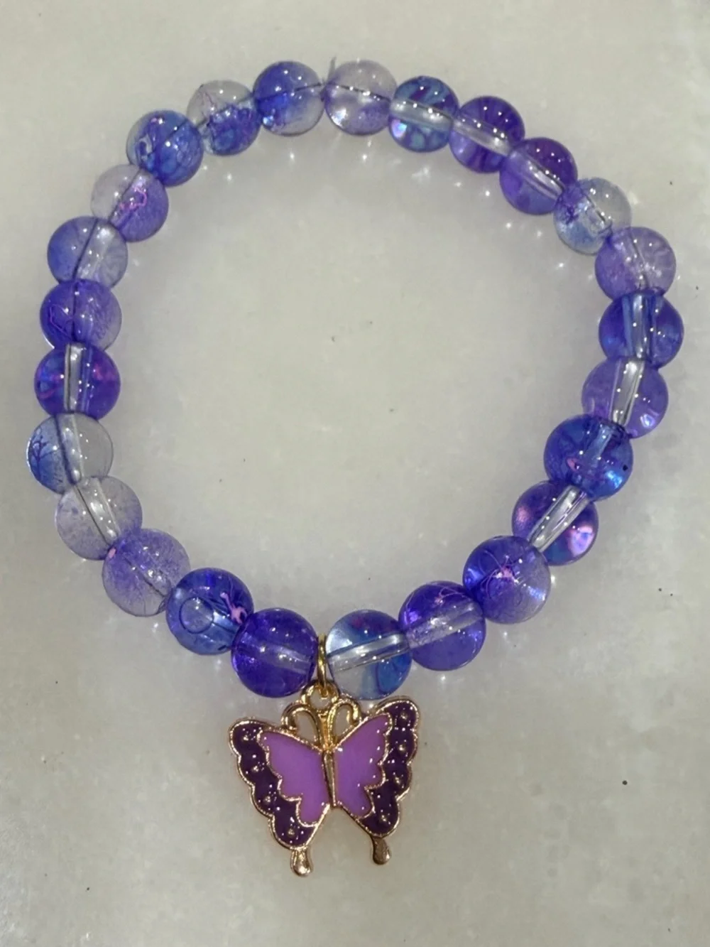 Purple Beaded Stretch Bracelet with Butterfly Charm